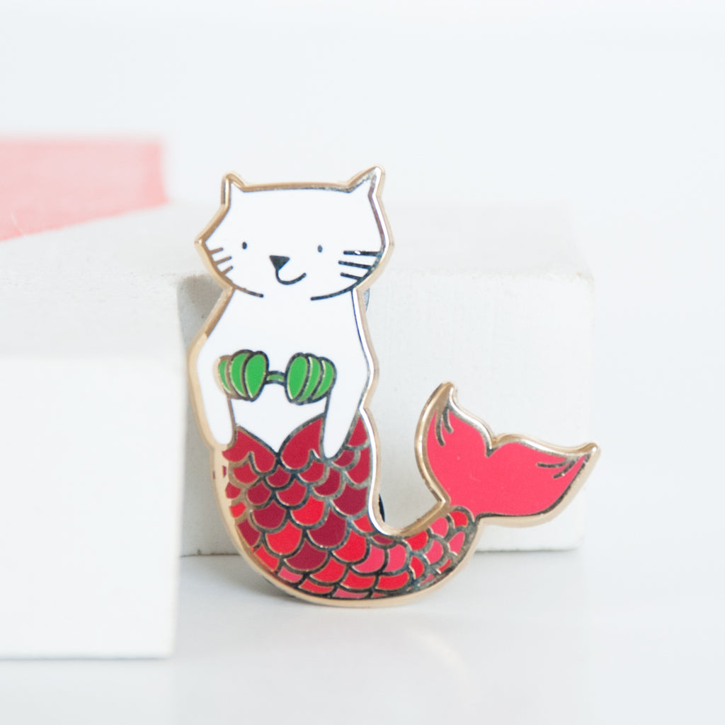 White cat mermaid with red scales enamel pin