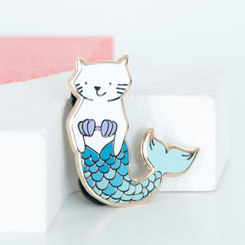 White cat mermaid with turquoise scales enamel pin