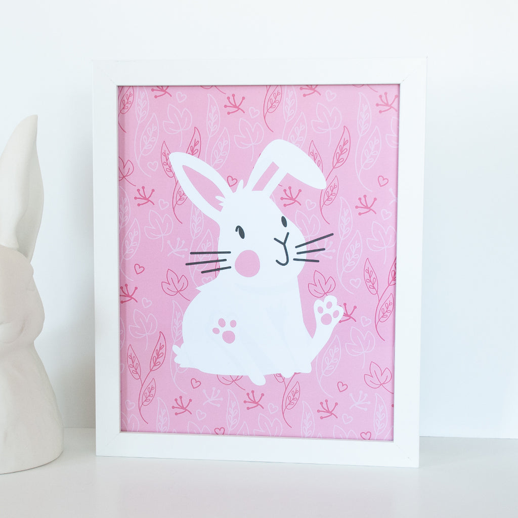 Sitting and smiling white bunny on a pink background with leaves 8 x 10 digital animal print
