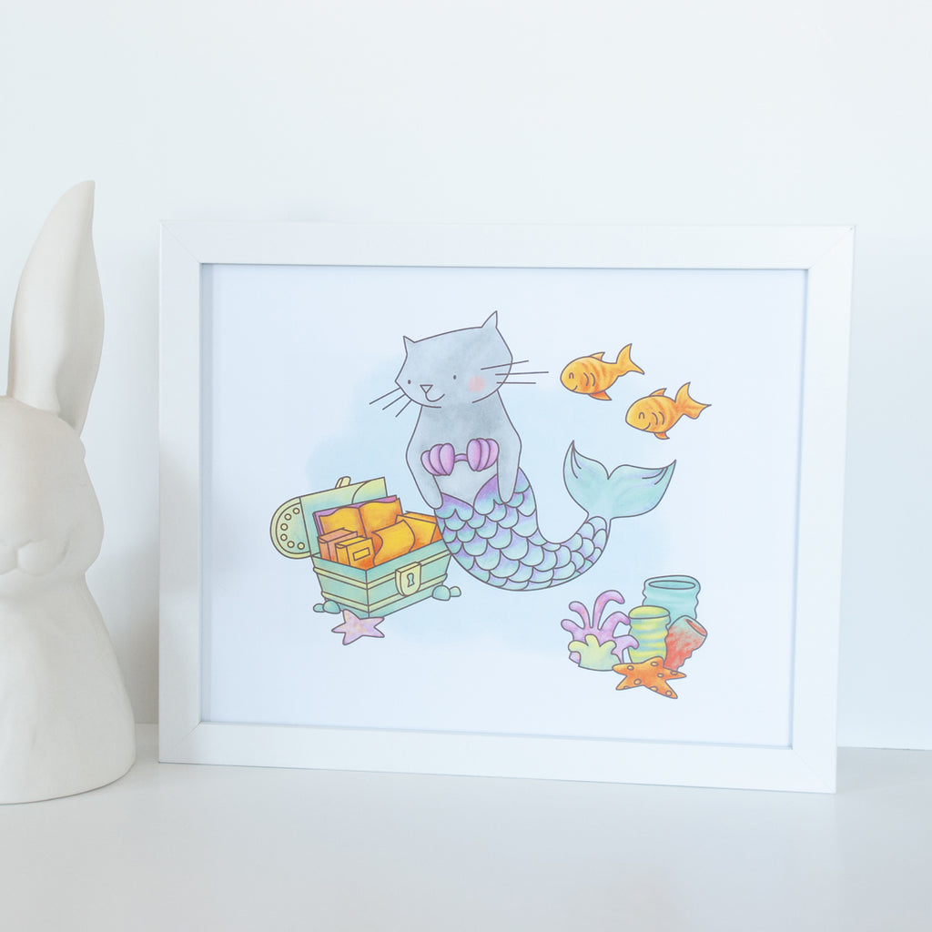 Cat Mermaid with fish and a treasure box 8x10 digital illustration print