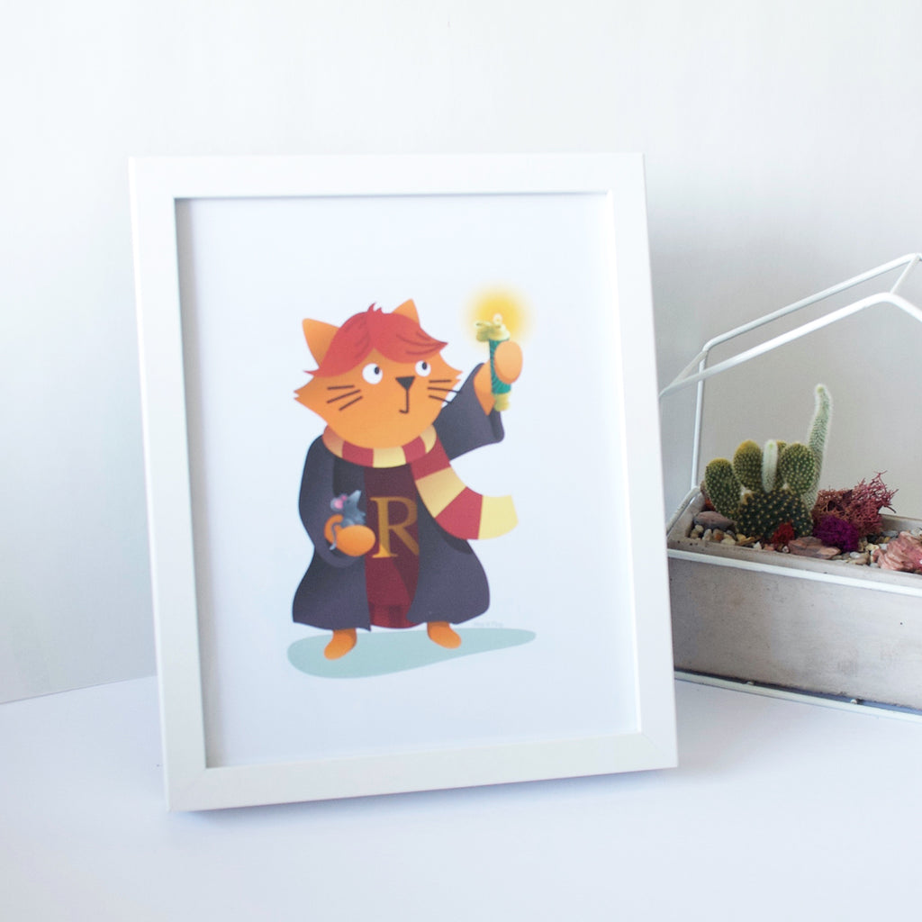Framed artwork of a Ginger Cat Wizard of Ron Weasley. Inspired by the Harry Potter world.
