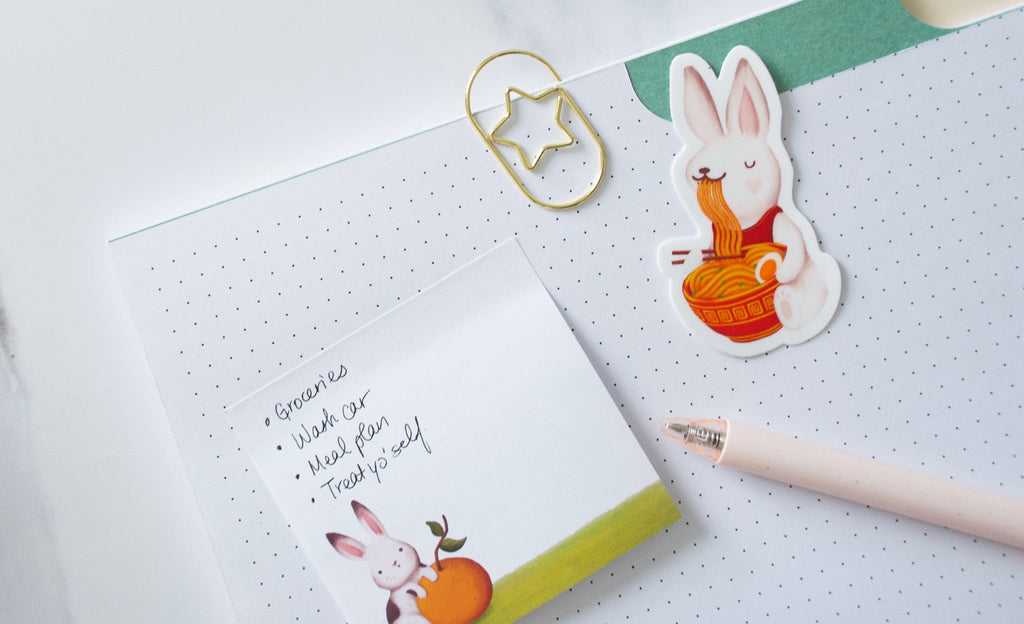 Bunny themed stationery sticky note pad and vinyl stickers