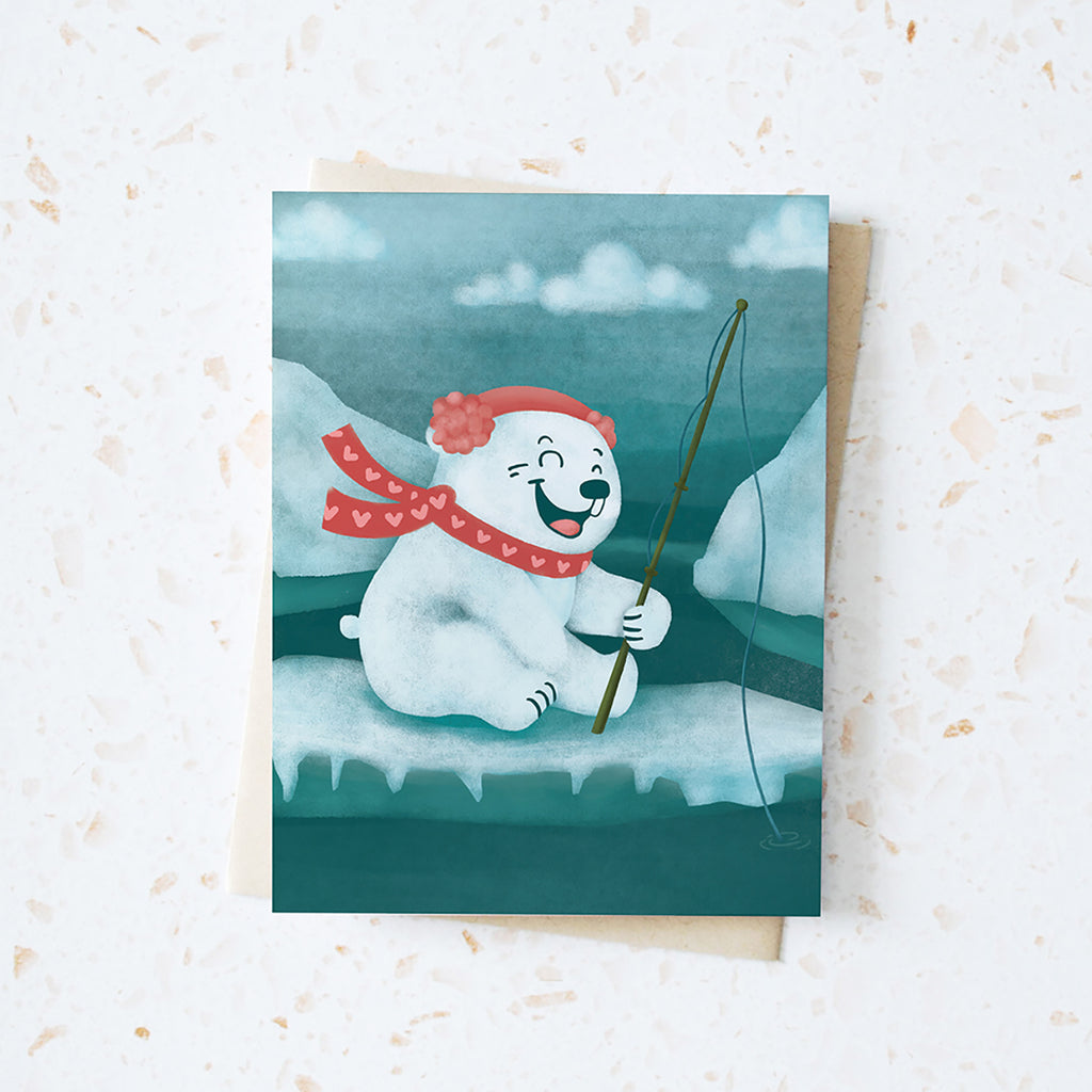 laughing polar bear in a scarf ice fishing in the north pole