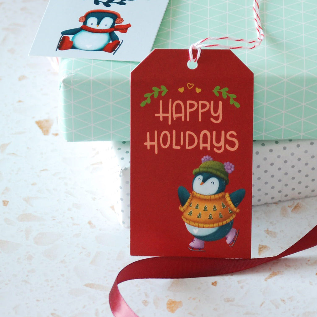 Blue Penguin in Sweater and Skates w/ message Happy Holidays GIFT TAG