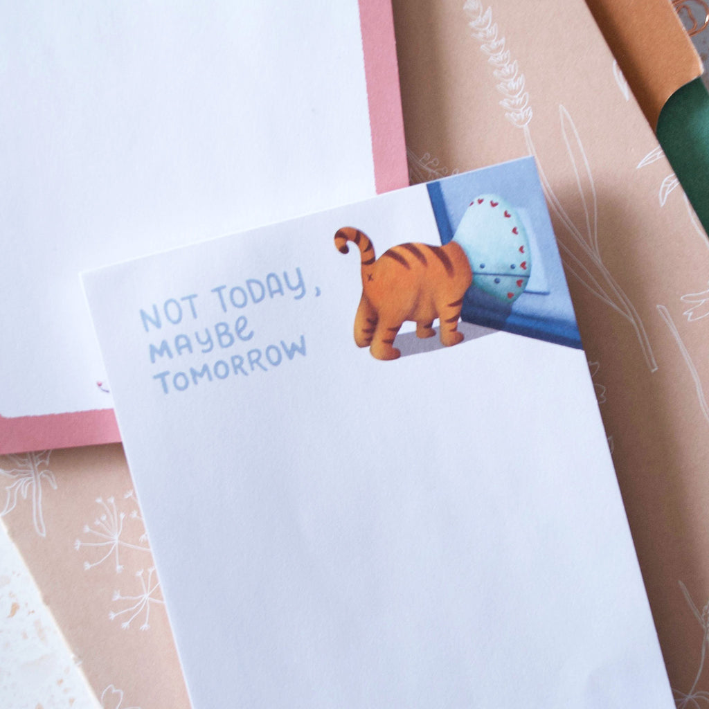 Not Today, Maybe Tomorrow Funny Tabby Cat in a Cone of Shame Notepad