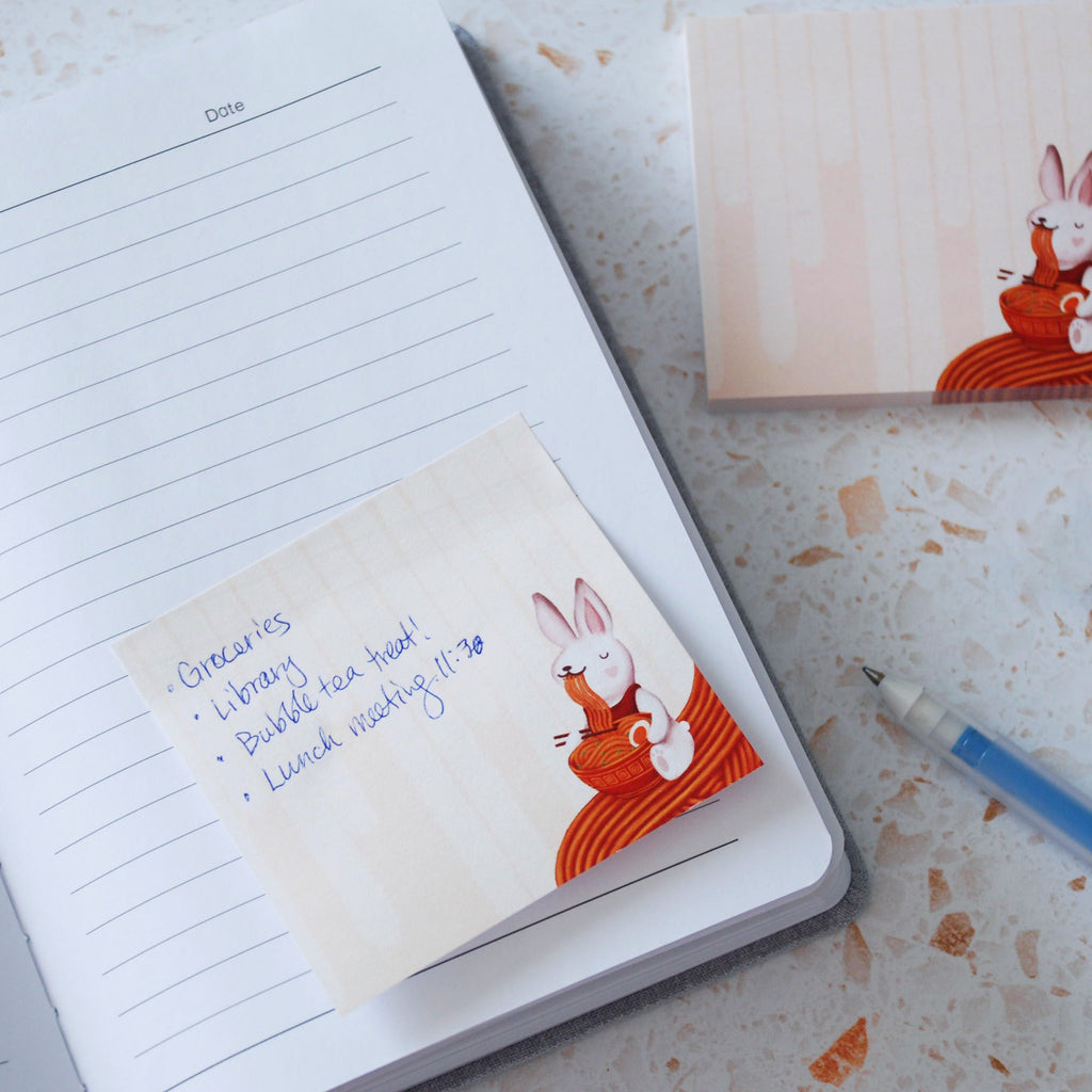 Illustrated bunny eating ramen noodles sticky Post-it Note pad, 50 sheets