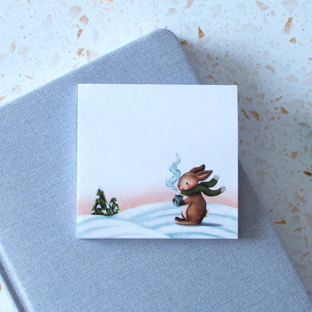 Wintery wonderland of a cute bunny in a green scart sticky post it note pad