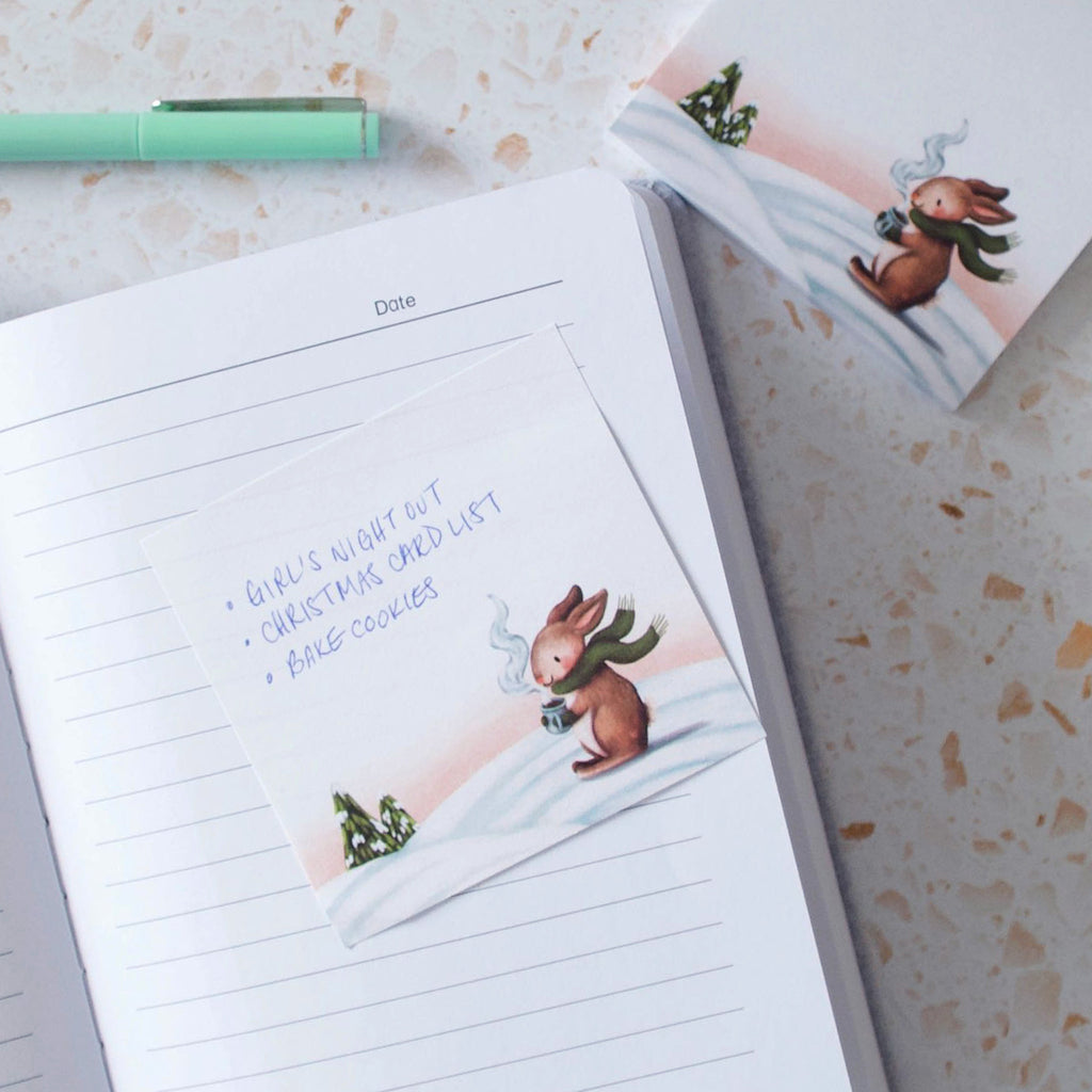 Wintery wonderland of a cute bunny in a green scart sticky post it note pad