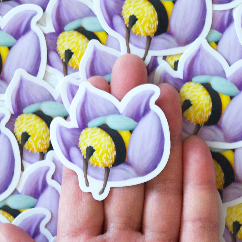 Pile of Sleeping bumble bee in a purple flower vinyl sticker