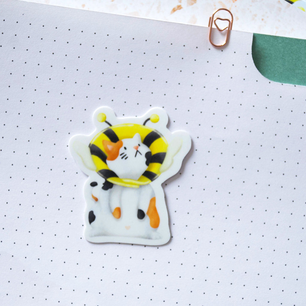 Cat in a Cone of Shame Bee themed Vinyl Sticker