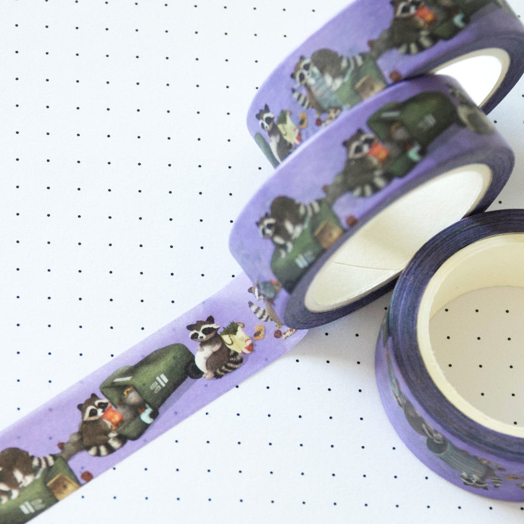 Raccoons scavenging compost bins and food on a purple background washi tape