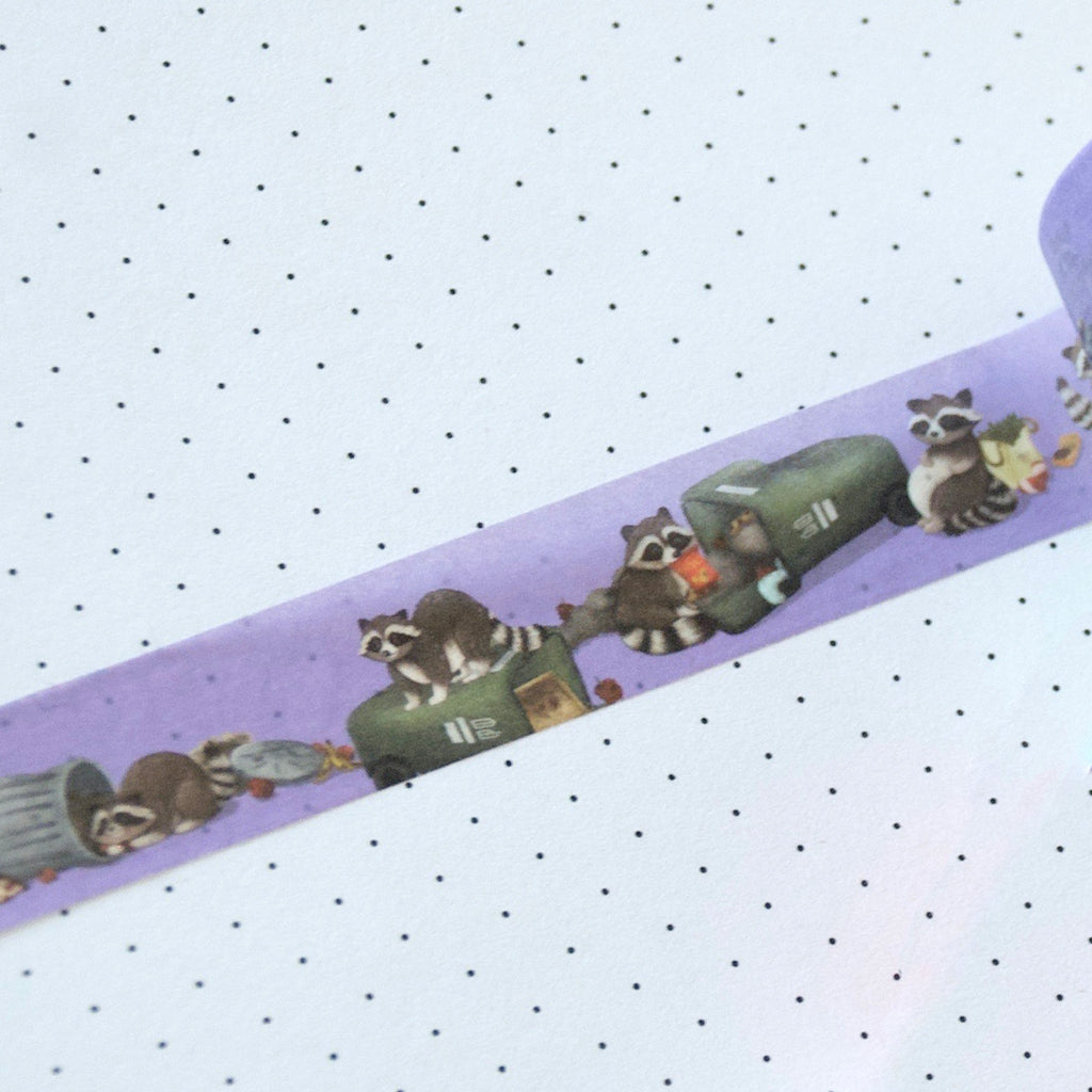 Raccoons scavenging compost bins and food on a purple background washi tape