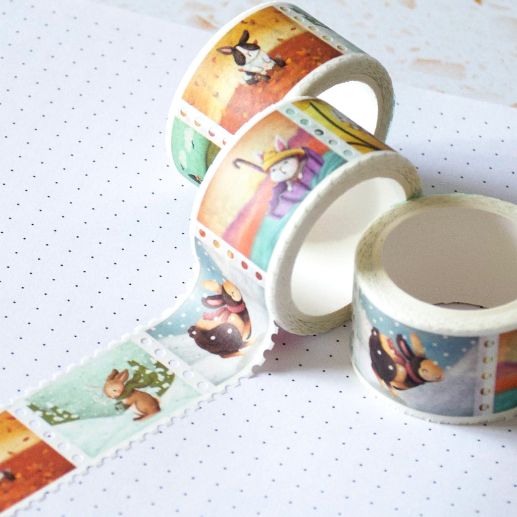 Bunnies in different season washi tape, but stamp washi tape style