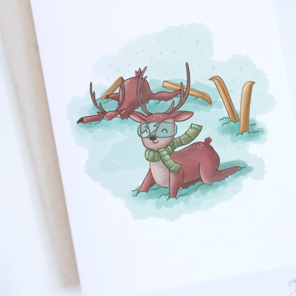 Close up of the deers skiing holiday card