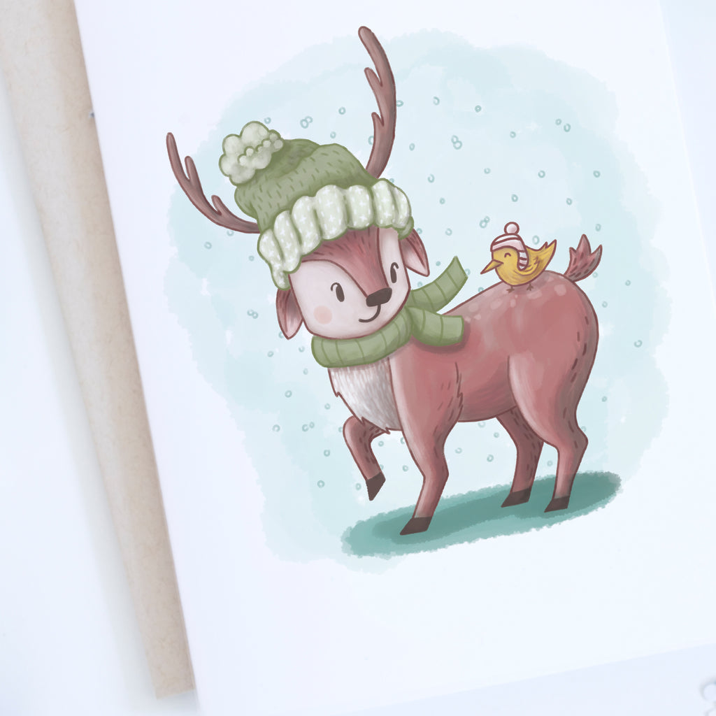 Close up of deer wearing toque holiday card