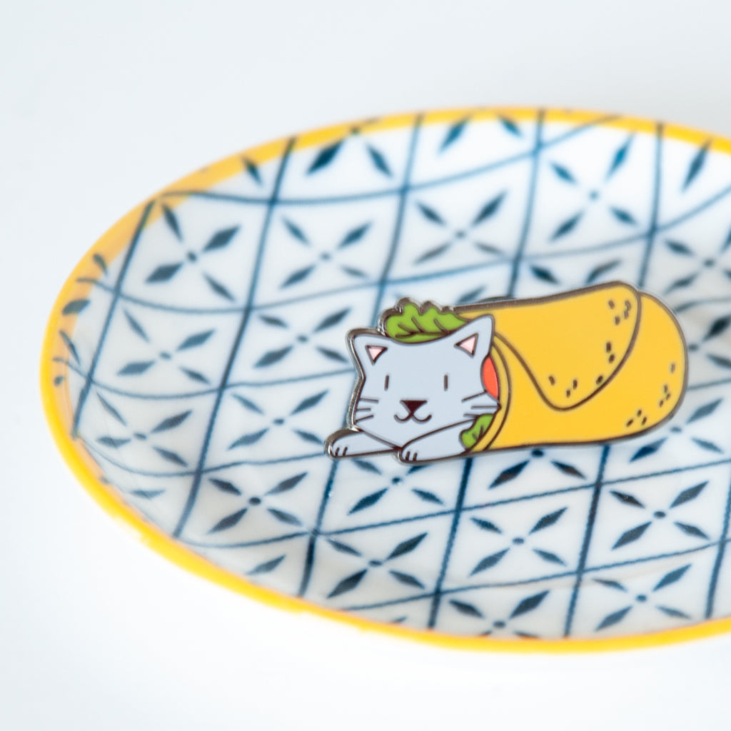 Grey cat burrito or purrito hard enamel pin