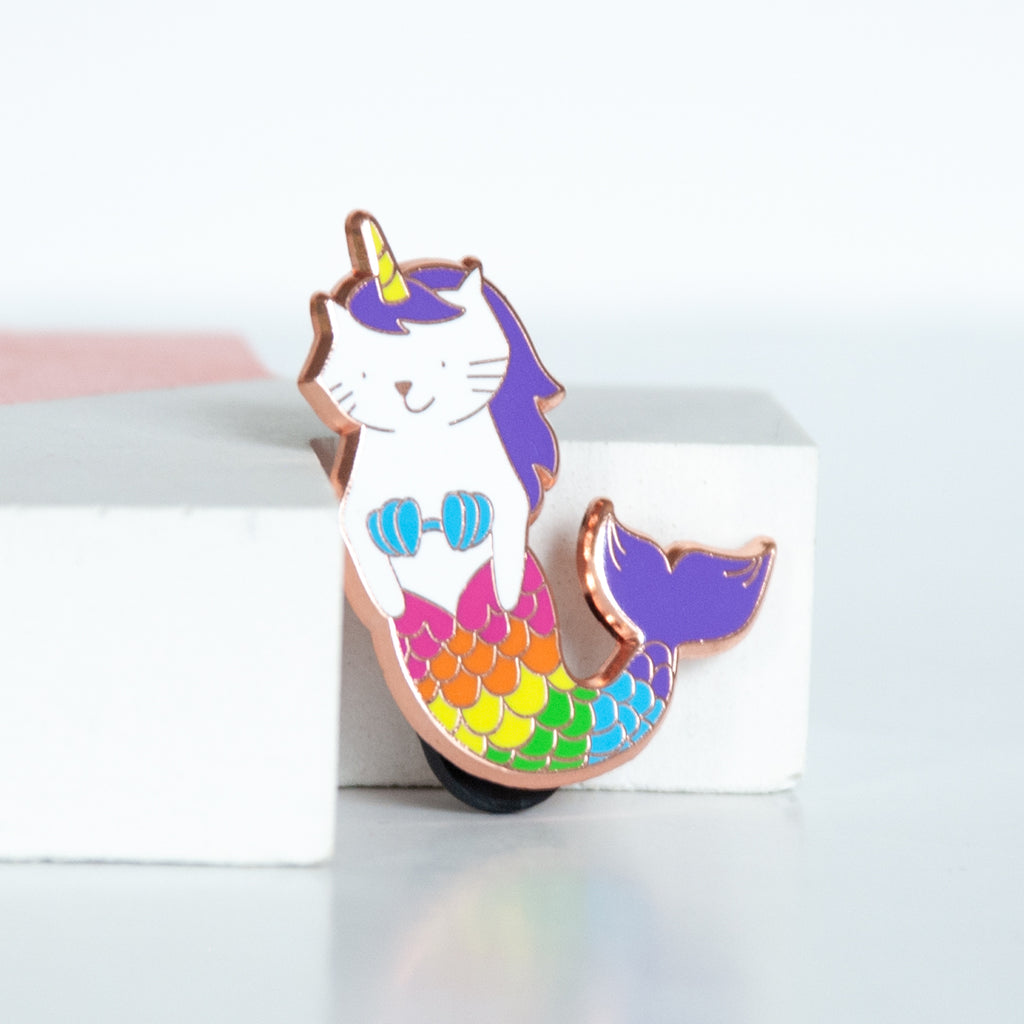 Rainbow coloured cat mermaid unicorn enamel pin