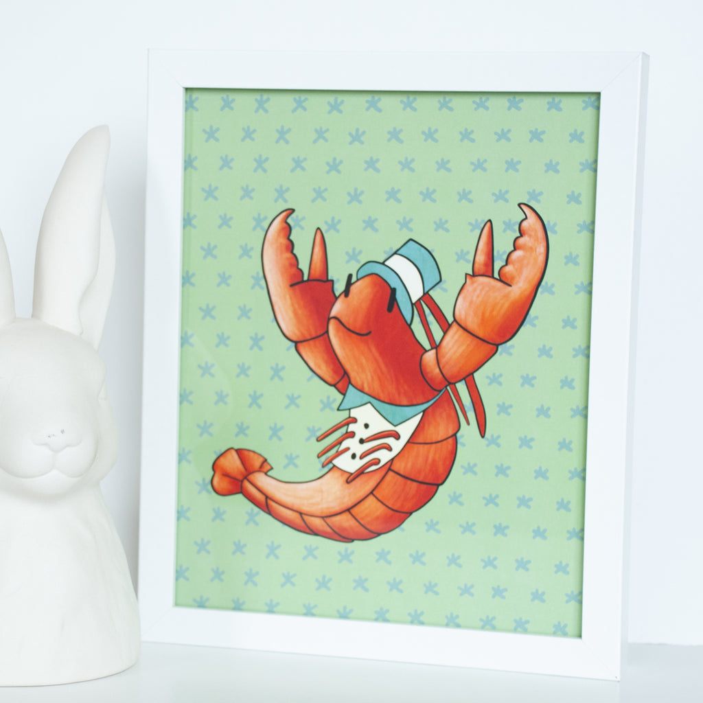 On sale, red lobster with hat and tie with green background illustrated 8x10 digital print