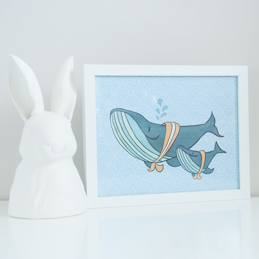 On sale, two blue whales on blue patterned background 8x10 illustration, digital print