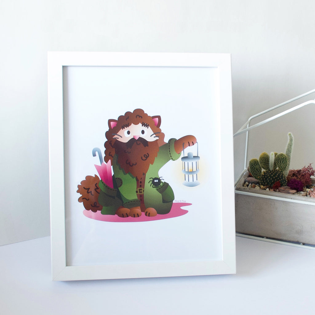8 x 10 framed artwork of a brown cat Hagrid wizard inspired by Harry Potter world